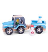 Drevený traktor s vozíkom a mliekom New classic toys
